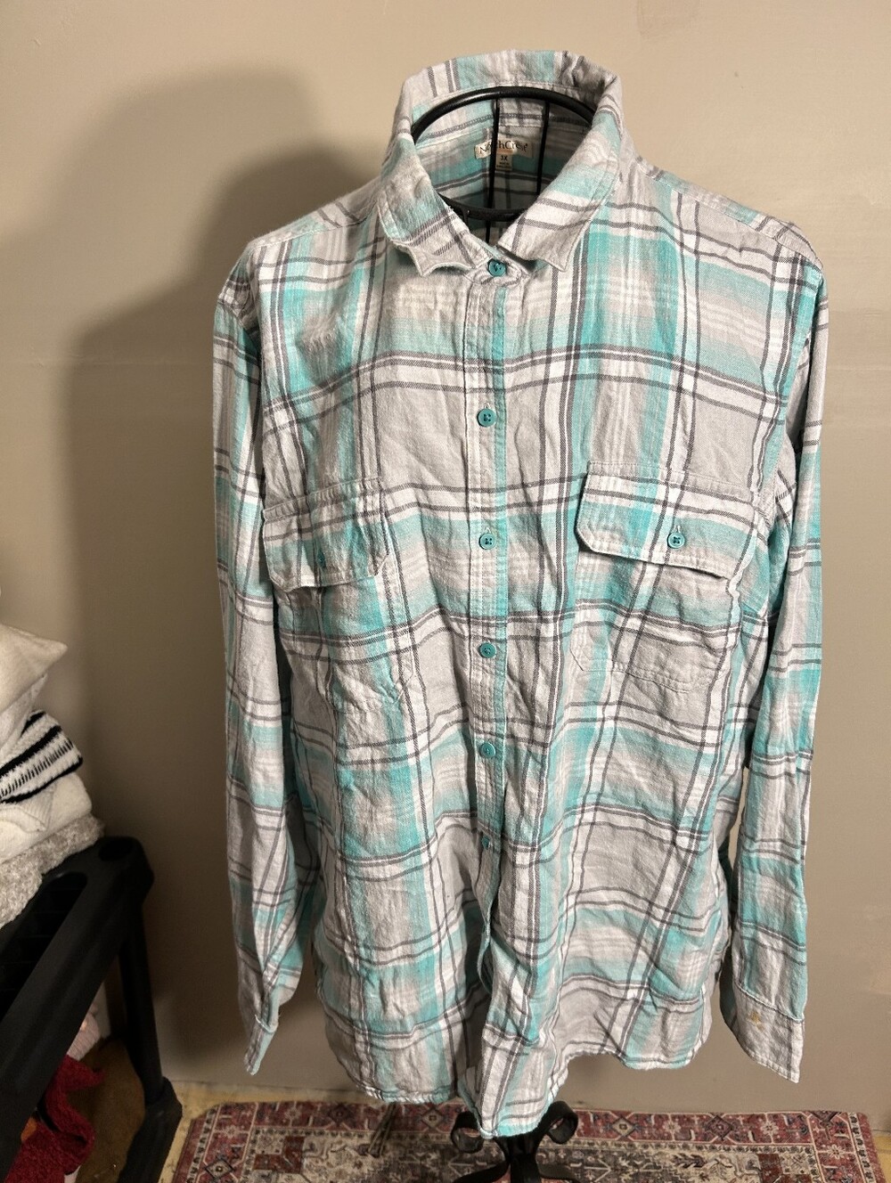 size 3 x womens shirt top plaid button up down  flannel blue  3x gorpcore